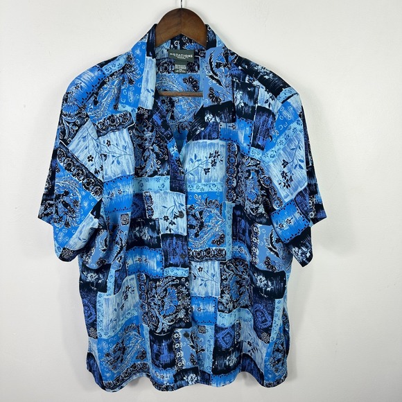 Notations Blouse Woman 2X Blue Patchwork Paisley Print Button Front‎ Boho Retro - Picture 1 of 6